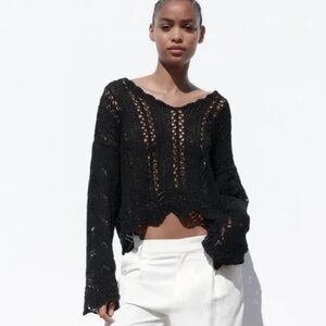 Zara Crochet Open Knit Bell Sleeve Sweater Black Size Large